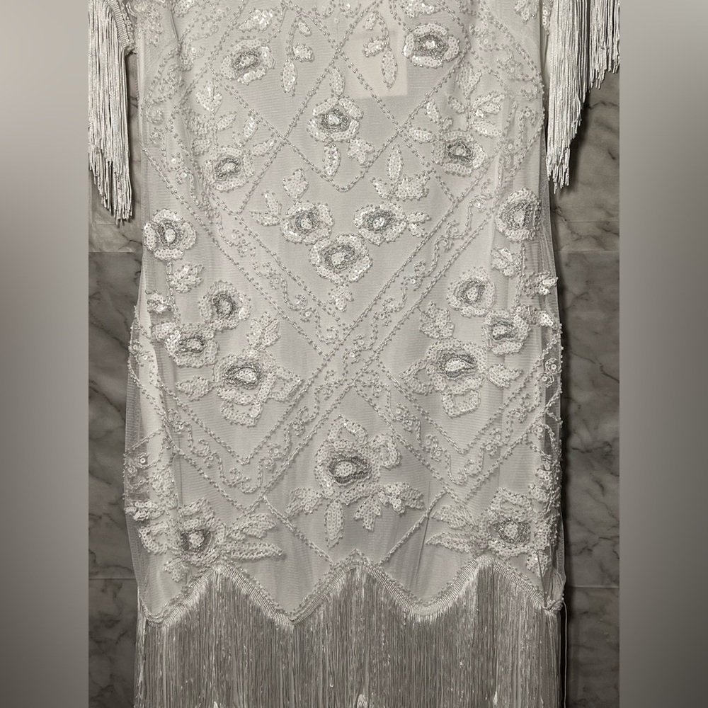 Gatsby Flapper Fringe Beaded Formal Wedding Dress Vintage XL fits more like M/L - Picture 6 of 11